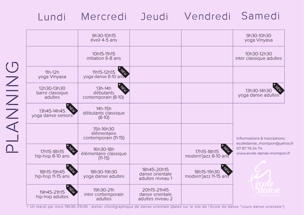 Planning 2026-2027 des cours de danse de l'école de Montpon