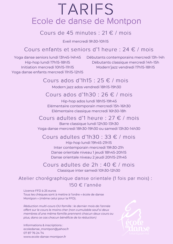 Tarifs de l'école de danse 2026-2027