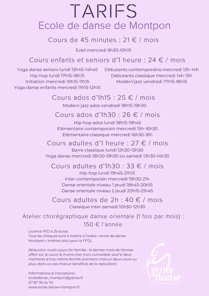 Tarifs de l'école de danse 2026-2027