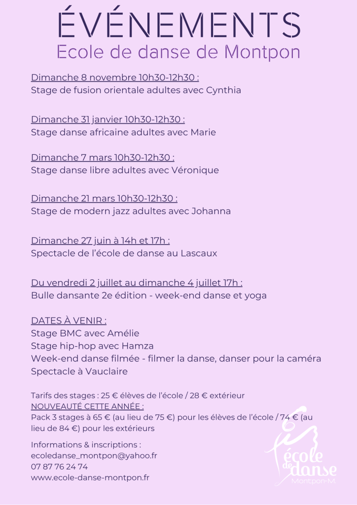 Les événements de l'école de danse de Montpon à venir.