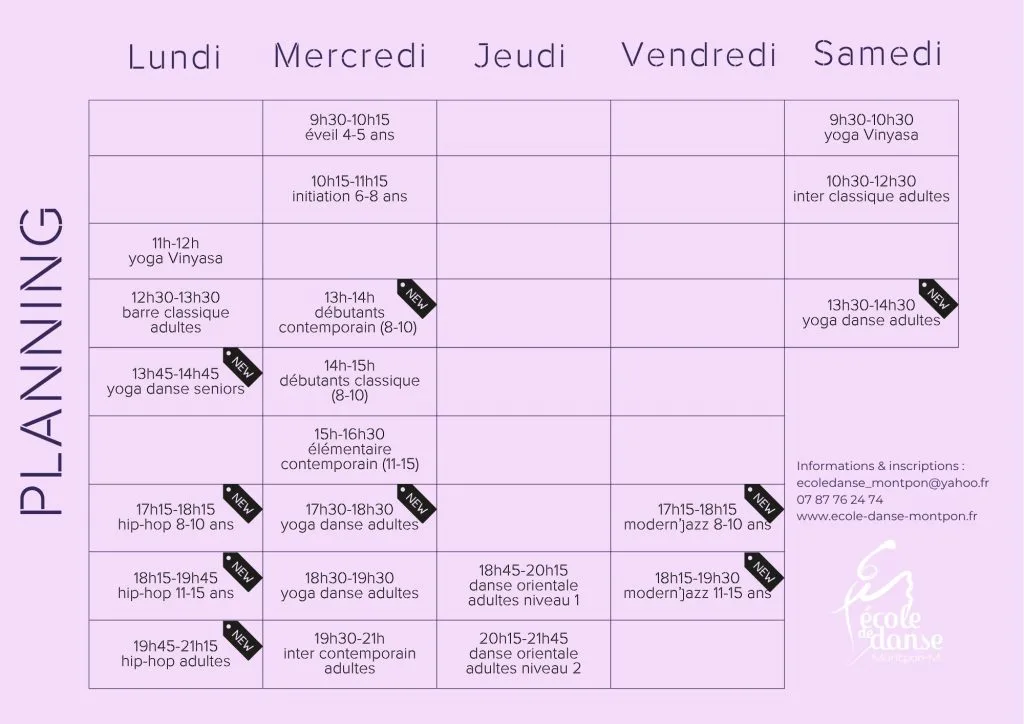 Planning de l'école de danse de Montpon 2026-2027